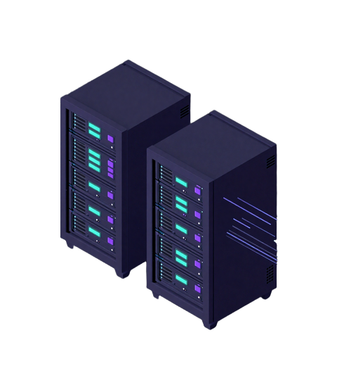 Isometric server rack with neon cyan and purple accent lighting representing RapidHost high-performance infrastructure